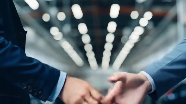Businessman and engineer shake hands in car factory, close up. Buyer of car shaking hands with seller in auto dealership. Concept of choosing and buying new car at showroom.