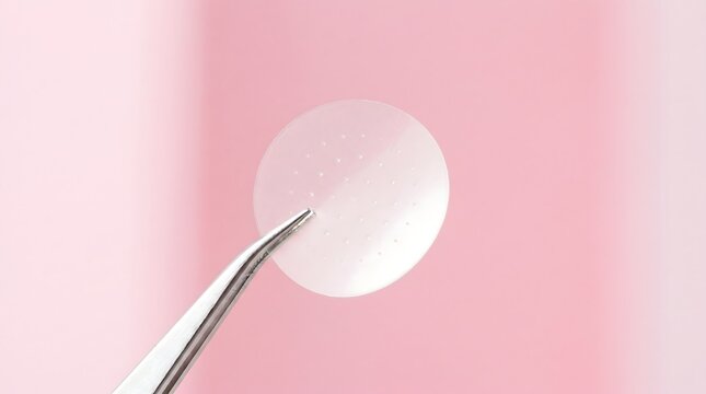 Hydrocolloid pimple patch held with tweezers on soft pink background