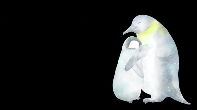 親ペンギンが子供ペンギンを優しく抱きしめる背景透過ループアニメーション。左半分に大きなコピースペース。