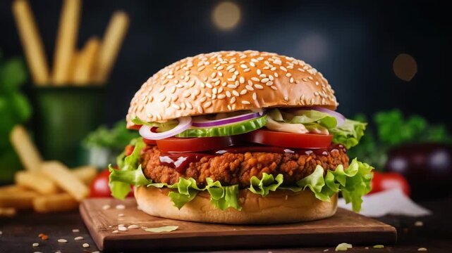 Burger on wooden table with dark bar background. Fast food meal. Grill burger, side view food video, burger composition.