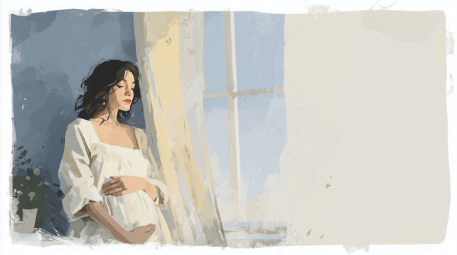 An oil painting of a pregnant woman tenderly stroking her belly in a room / 部屋の中で愛おしそうにお腹を撫でる妊婦の油彩イラスト