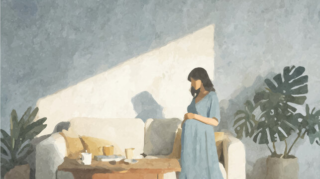 An oil painting of a pregnant woman tenderly stroking her belly in a room / 部屋の中で愛おしそうにお腹を撫でる妊婦の油彩イラスト