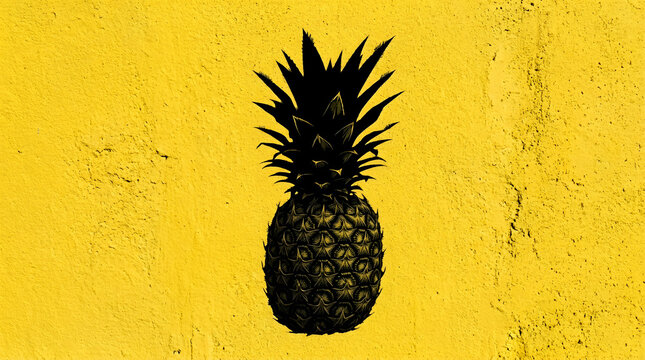 Black Pineapple Graphic on Bright Textured Yellow Wall