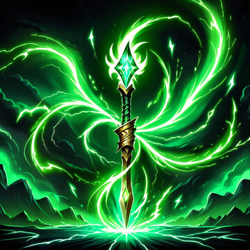 Mystical Green Sword: A radiant blade of fantasy, glowing with potent magical energy, stands in a dark landscape.