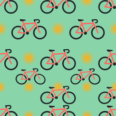 Obraz premium Minimalist cycling seamless pattern with red bikes and yellow suns