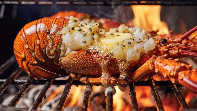 Gourmet lobster tail grilling over open flames with melting butter. 4K Video