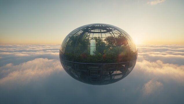 Futuristic floating glass capsule greenhouse paradise landscape above clouds
