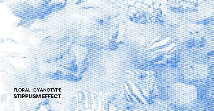 Floral cyanotype stipplism effect background blue and white stippled halftone pattern with abstract botanical elements vintage blueprint style texture