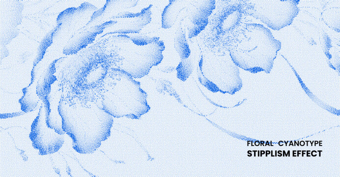 Blue floral cyanotype pattern with stipplism effect, vintage botanical illustration with stipple dots texture, retro flower engraving background