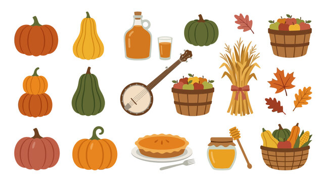 Pumpkins and apple cider jugs with banjo vector elements for traditional autumn harvest festival promotion and thanksgiving community market