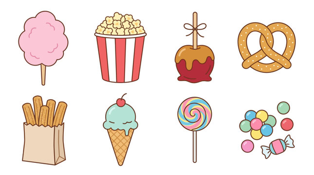 Cotton candy and popcorn bucket with candy apple graphic elements for local carnival sweet treats branding and fairground concession design