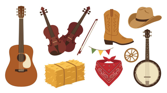 Fiddle and cowboy boot with acoustic guitar vector elements for traditional country music festival posters and western heritage events