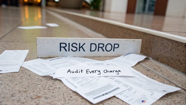 Conceptual visual representation of financial risk management with documents scattered on the floor highlighting a focus on auditing and charge verification