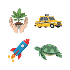 Obraz premium Eco-friendly transportation, space exploration, nature's growth, and urban mobility represented by icons
