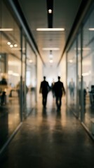 Fototapeta premium Blurred silhouettes of business people walking down a modern office corridor