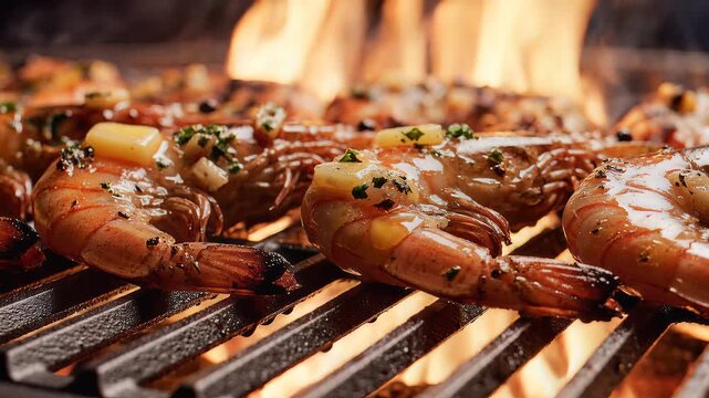 Fresh jumbo prawns grilling over a roaring open flame barbecue