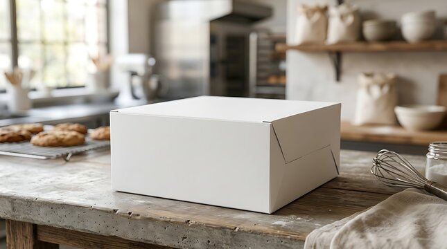 Blank white square cake box on wooden kitchen counter mockup for pastry branding and bakery packaging design presentation