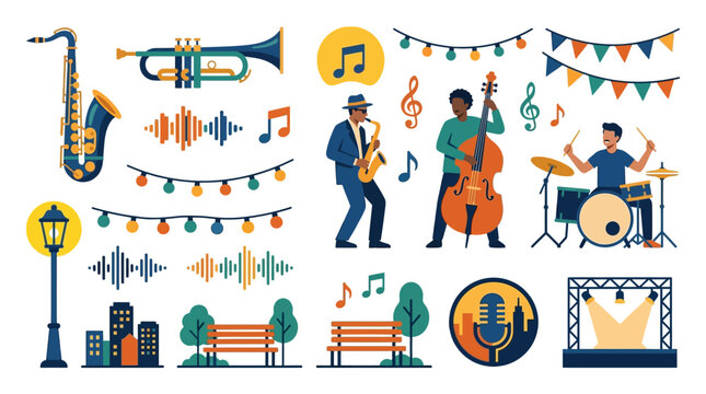 Saxophone and trumpet with street lamp graphic assets for city jazz festival advertising and live blues music concert branding