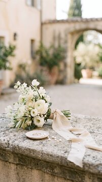Bridal Bouquet with Wedding Rings on Stone Wall in European Villa