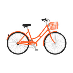 Fototapeta premium Bright orange bicycle with a front basket, perfect for city commuting and errands