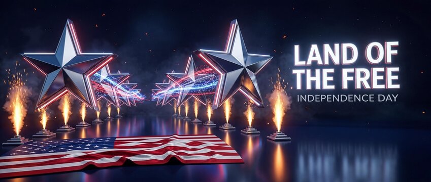 Independence day celebration with stars and american flag on fireworks background