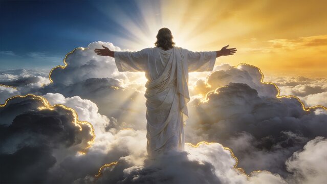 Jesus Christ standing on clouds in heaven with open arms, divine light rays and golden sky background for spiritual religious faith and resurrection concept.
