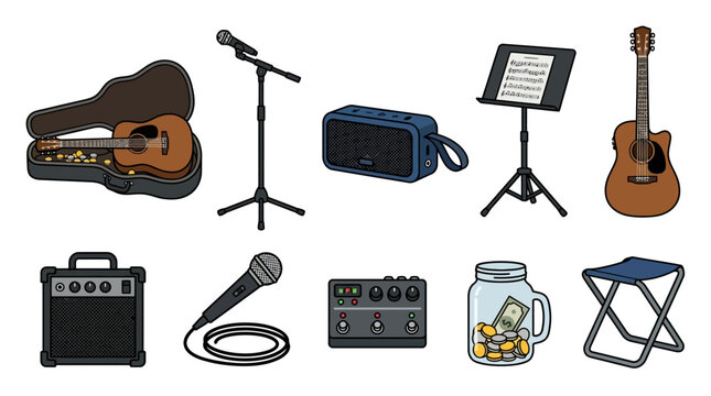 Guitar case with coins and microphone stand vector icon bundle for street music performer marketing and busking event promotions