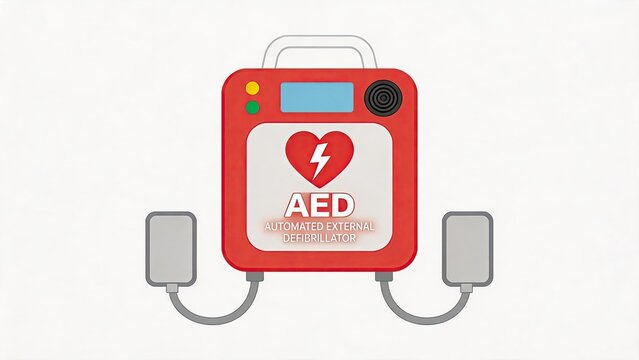 Automated External Defibrillator AED device illustration, emergency medical equipment for cardiac arrest, first aid health safety tool, heart rhythm restoration machine, vector