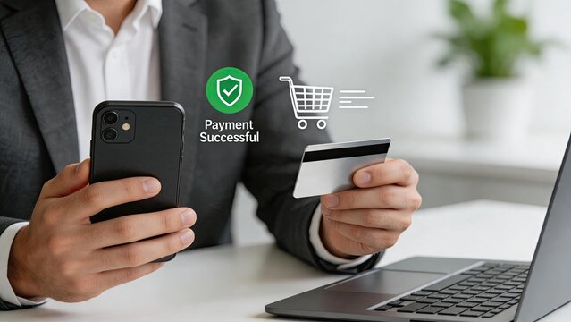 Businessman making secure online payment using smartphone and credit card with successful transaction icon and shopping cart symbol over laptop desk background.