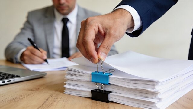 Businessman signing contract, hand holding pen over stack of paper files on desk, corporate office meeting, legal agreement, finance administration, professional paperwork, close