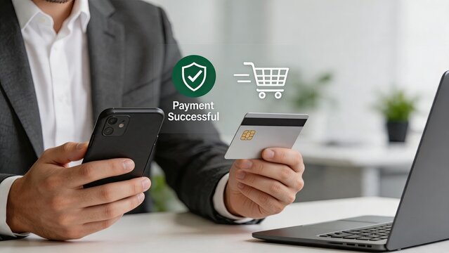 Mobile payment successful transaction, man holding credit card and smartphone, online shopping cart icon, secure checkout process, e-commerce banking, digital wallet, contactless