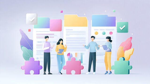 Professional business team collaborating on strategic project planning with digital documents and colorful puzzle pieces in a modern minimalist 3d illustration