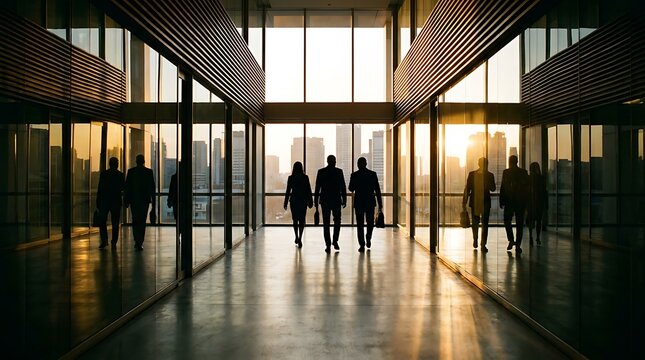 Silhouettes of business people walking in a modern office corridor towards a city skyline at sunset