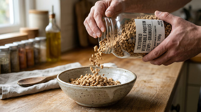 Person pouring textured vegetable protein into bowl