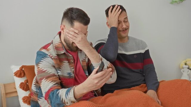 Two men on bed, one covering his face with hands while holding a phone and a remote, patterned jacket and orange blanket visible, bedroom; embarrassment support.