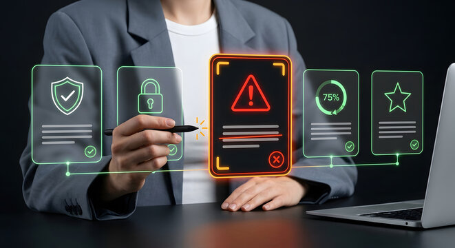 Business professional reviewing cybersecurity risk alert on holographic dashboard with shield lock protection compliance score and threat detection for data security audit and compliance