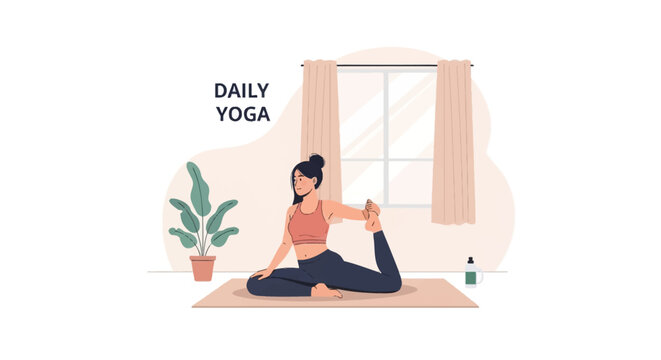 Flat vector illustration of a young woman practicing One-Legged King Pigeon Pose on a mat in a home interior with a potted plant, window, curtains, and Daily Yoga text overlay.