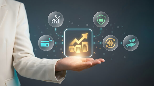 Business professional presenting holographic financial growth with investment coins for fintech digital banking secure payment cash flow management and sustainable finance platform and ESG