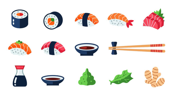 Assorted sushi and japanese cuisine icons vector illustration set
