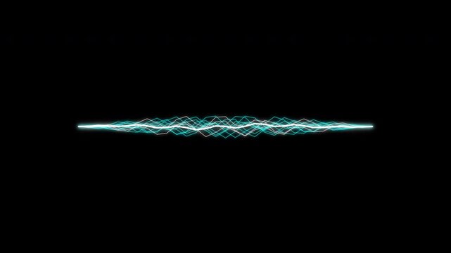 Dynamic 2D motion graphic: bright cyan electric plasma lines flash and burst with futuristic energy, glowing brilliantly on a deep black background.