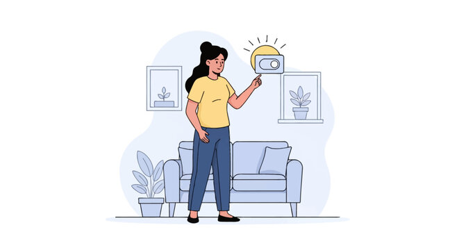 A minimalist vector illustration showing a woman interacting with a toggle switch to reduce electricity consumption in a modern living room with a couch, house plants and frames.