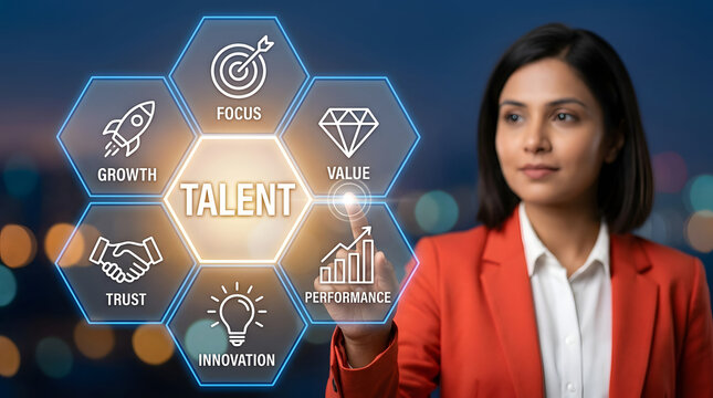 Businesswoman interacting with holographic talent management framework for focus value performance innovation trust and growth in human capital development and workforce strategy and HR