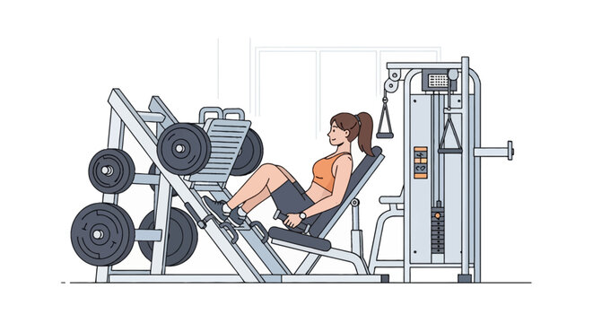 Vector illustration of a young woman performing a leg press exercise on a weight machine in a gym. Side view of an athlete training lower body muscles with fitness equipment and pulleys.