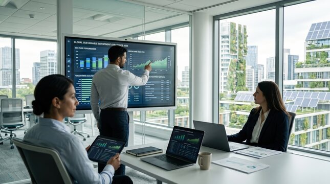 Business team discussing global sustainable investment strategies on a large screen in a green building with solar panels, focusing on eco-friendly finance and ESG goals.