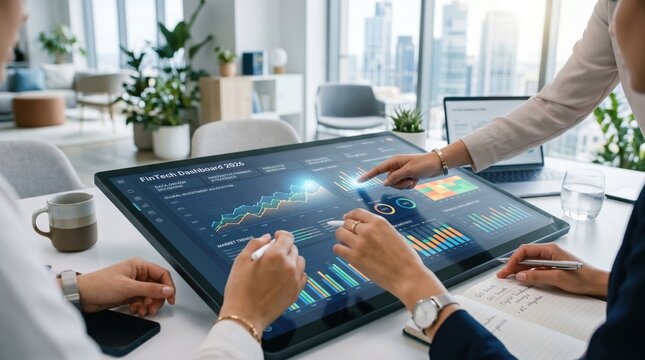 Business professionals collaborating around large digital tablet displaying fintech dashboard with financial charts, investment data and market trends analysis in bright office