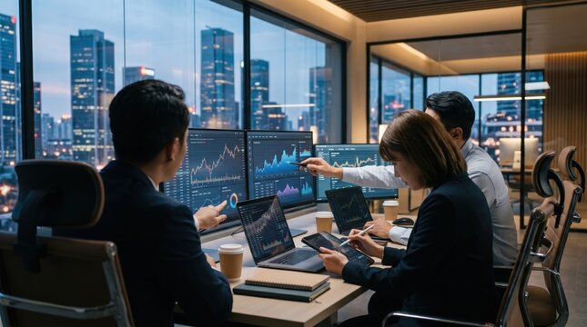 Financial analysts reviewing stock market trends and trading data on multiple monitors in high-rise office at night, urban skyline background