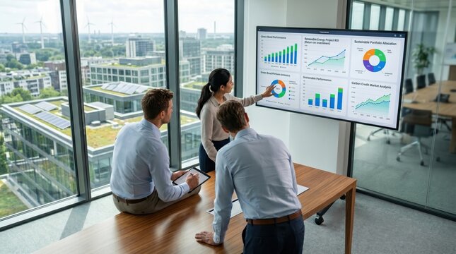 Business team presenting ESG sustainability dashboard on large screen, analyzing environmental impact data and renewable energy charts near window view