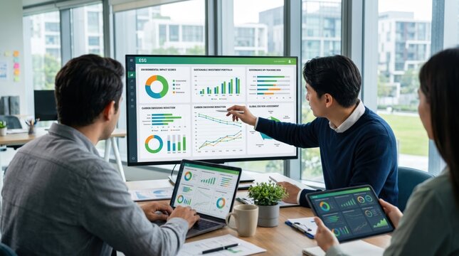 Group of professionals discussing ESG impact scores on digital dashboard, reviewing carbon emissions reduction and sustainable investment portfolio strategies on tablets