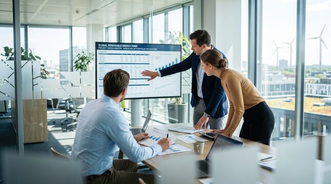 Corporate team planning global renewable energy fund strategies with data visualization charts on interactive display in bright glass-walled conference room.