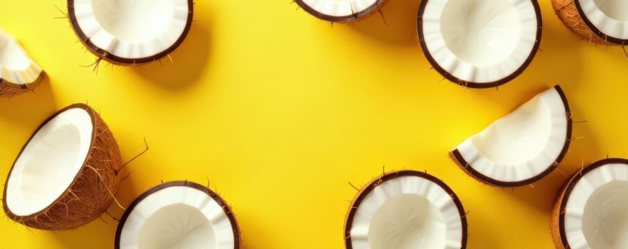 Yellow background features a minimal flat lay of halved coconuts forming a stylish pattern , organic, background, aesthetic